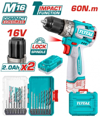 Аккумуляторная ударная дрель-шуруповерт 16В 60Нм TOTAL TOSLI241199 фото 1